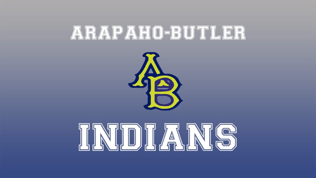 Arapaho-Butler “AB” monogram with ARAPAHO-BUTLER above and INDIANS below on a gray-to-blue gradient background.