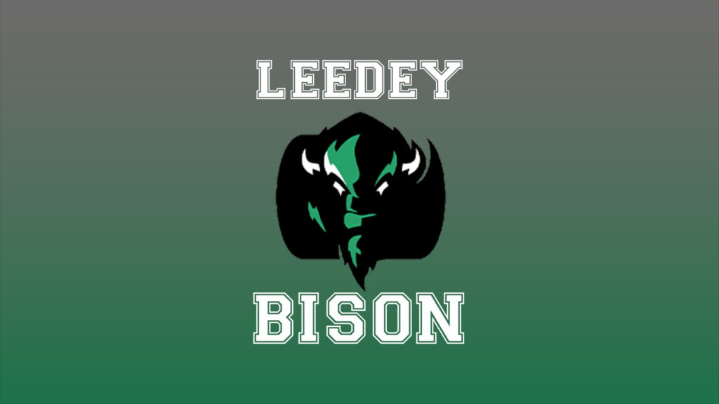 Leedey Bison stylized bison head with LEEDEY above and BISON below on a green gradient background.