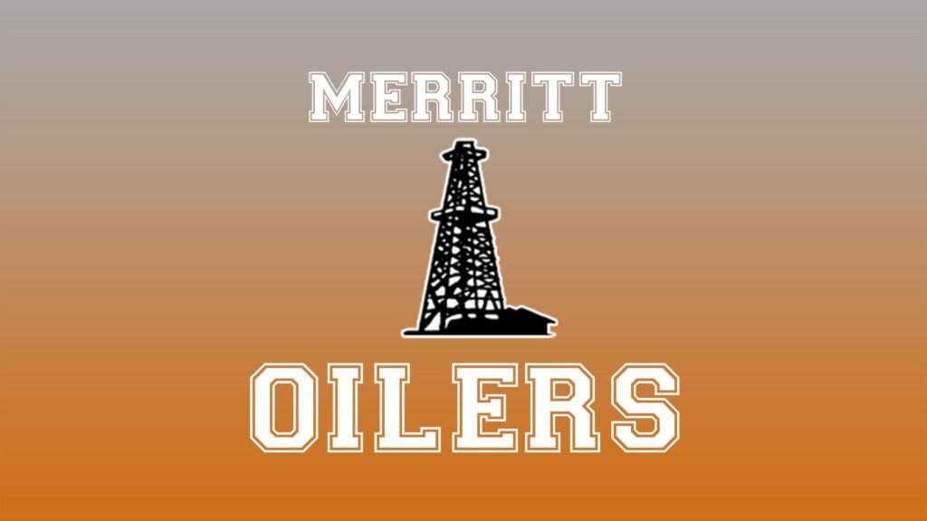Merritt Oilers oil derrick logo centered with MERRITT above and OILERS below on an orange gradient background.