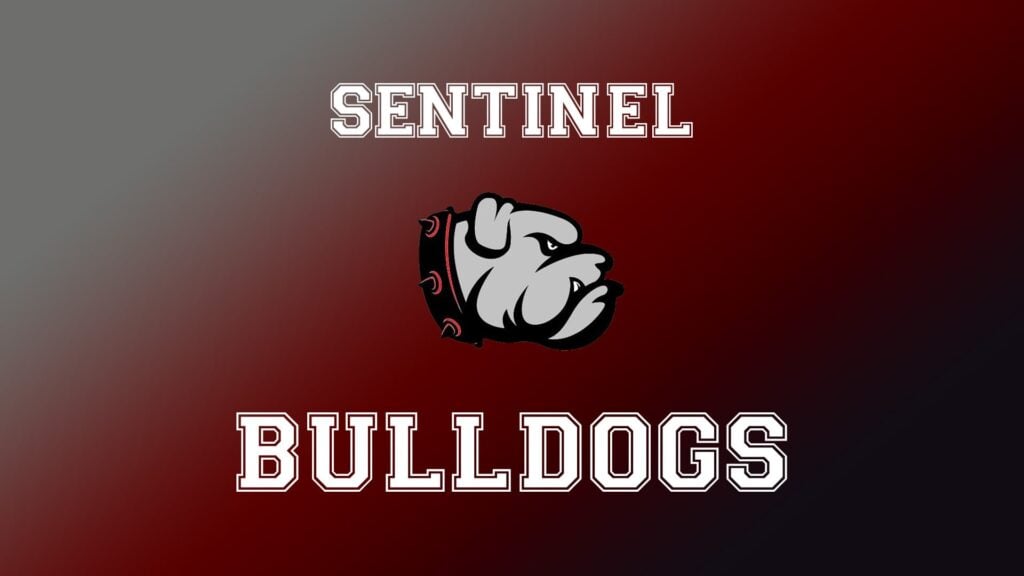 Sentinel Bulldogs logo of a bulldog head with spiked collar, SENTINEL above and BULLDOGS below on a maroon-to-black gradient.
